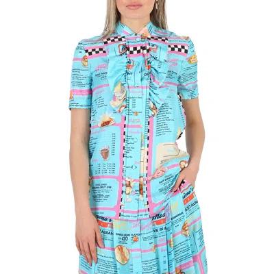 Moschino All-over Diner Menu Print Short Sleeve Silk Blouse In Blue