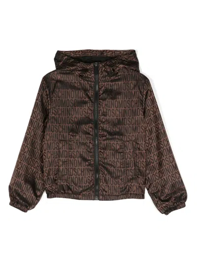 Moschino Kids' All-over Jacquard-logo Jacket In Brown