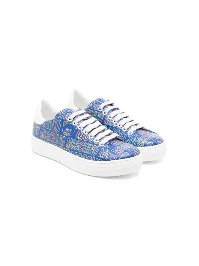 Moschino Kids' All-over Logo Print Sneakers In Blue