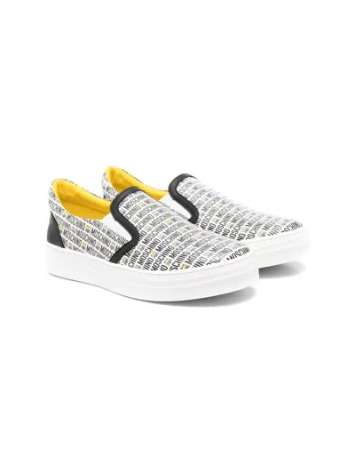 Moschino Kids' All-over Logo Print Sneakers In White