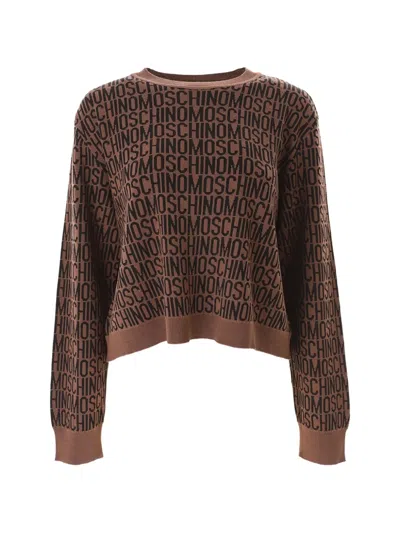 Moschino All-over Logo Jacquard Sweater In Brown