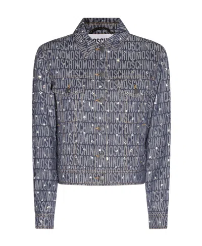 Moschino Allover Logo Rhinestone Button-up Jacket In Gray