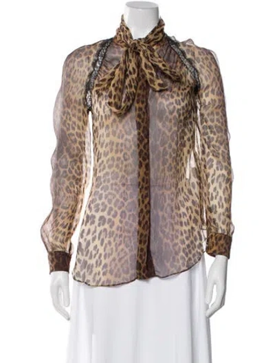 Pre-owned Moschino Animal Print Tie Neck Blouse In Brown