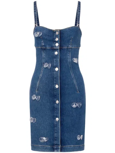 Moschino Fitted Denim Mini Dress With Sweetheart Neckline In Blue