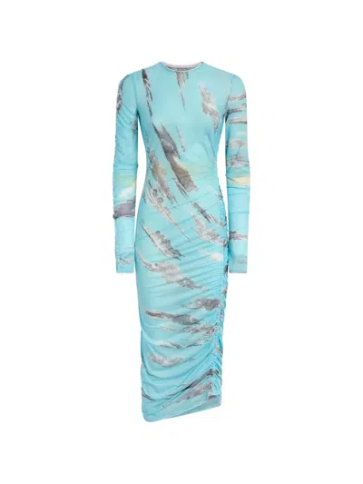 Moschino Archive Clouds Ruched-detailing Cloud-print Midi Dress In Blue