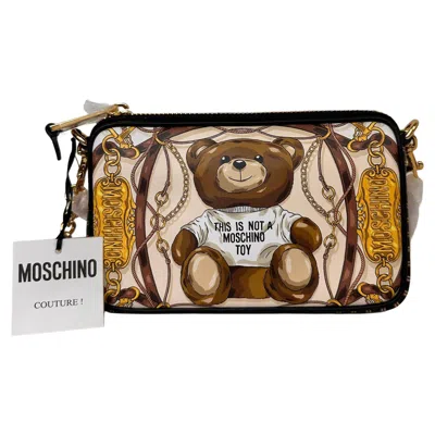 Pre-owned Moschino Aw22  Couture Jeremy Scott Teddy Bear All Over Chains & Plaque Clutch In Sand