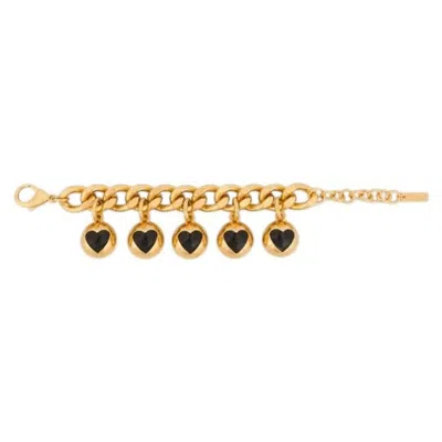 Pre-owned Moschino Aw24  Couture Gold-tone Chain Bracelet Circular Charms & Black Hearts
