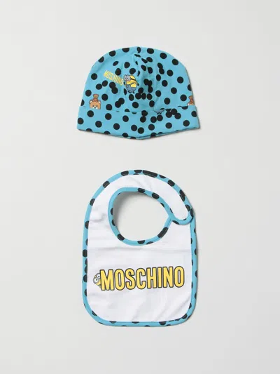Moschino Baby Baby Cotton Hat + Bib Set In Gnawed Blue