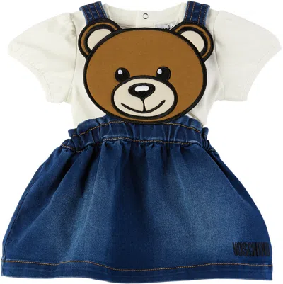 Moschino Baby Blue & White Bear Denim Dress & T-shirt Set In 40334 Shdw Blue