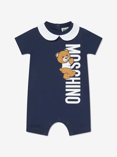 Moschino Blue Baby Romper With Teddy Bear And Logo