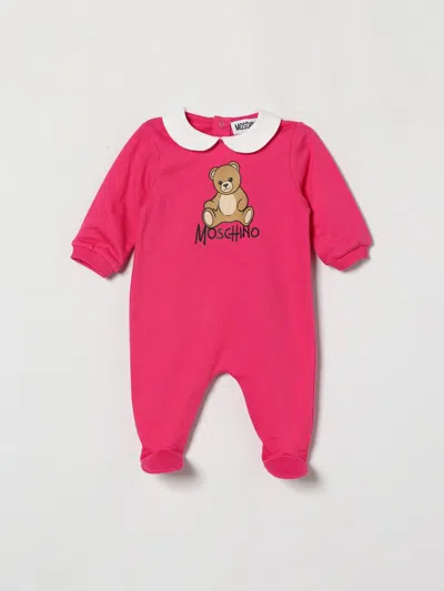 Moschino Baby Cotton All-in-one With Teddy Bear Print And Peter Pan Collar In Pink