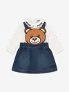 Moschino Blue Suit For Baby Girl With Teddy Bear And Logo In Ivory