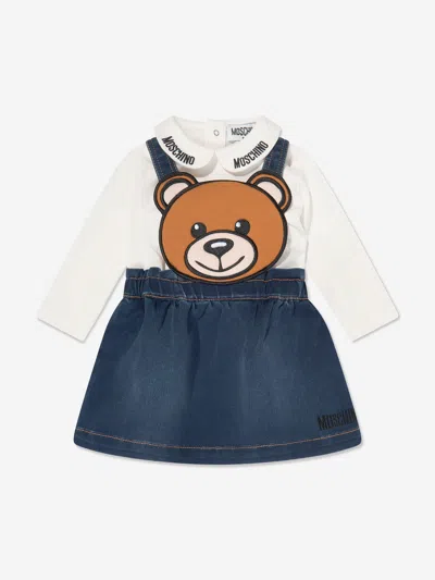 Moschino Kids' Blue Suit For Baby Girl With Teddy Bear And Logo In Ivory