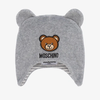Moschino Baby Grey Velour Logo Baby Hat