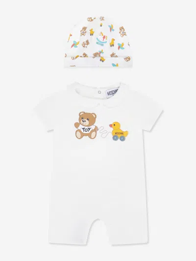 Moschino Baby Romper And Hat Gift Set In Ivory