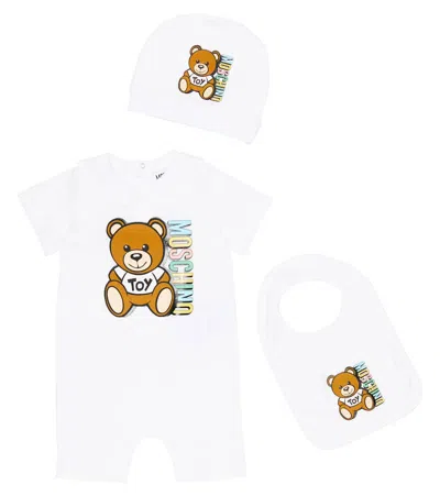 Moschino Baby Set Of Cotton-blend Romper, Hat And Bib In Optic White