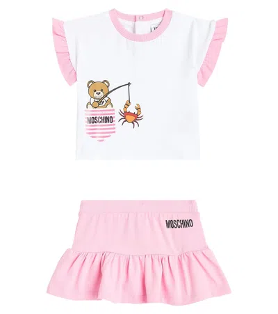 Moschino Teddy Bear棉质混纺针织上衣与半身裙套装 In Pink
