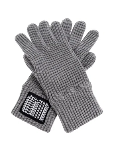 Moschino Barcode-appliqué Ribbed Gloves In Gray