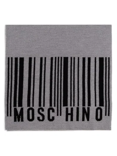 Moschino Barcode-logo Wool Scarf In Gray