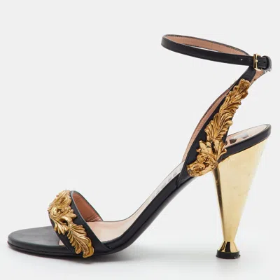 Pre-owned Moschino Baroque Size 38 Black Leather Ankle Strap Sandals