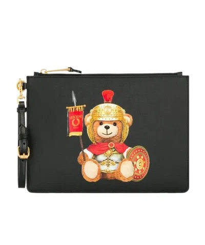 Moschino Bat Teddy Print Clutch Bag In Black