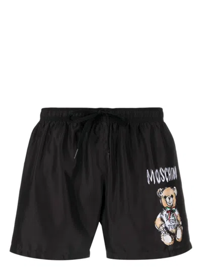Moschino Beach Shorts With Print In Black  