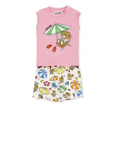 Moschino Babies' Teddy Bear Cotton Shorts Set In Pink