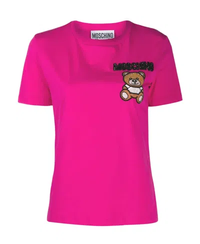 Moschino Beaded Teddy Bear Casual T-shirt In Pink