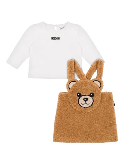 Moschino Babies' Bear Appliqué Fleece Dungarees Set In Brown