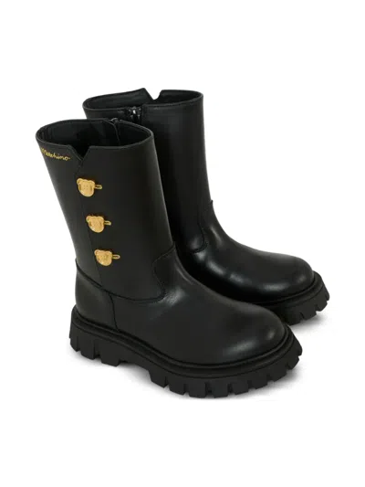 Moschino Kids' Bear-button Chunky-sole Boots In Black