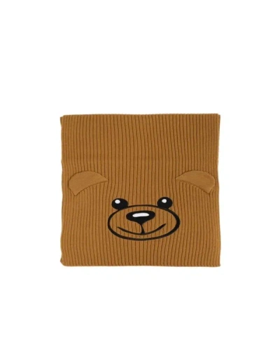 Moschino Bear Embroidered Knitted Scarf In Brown