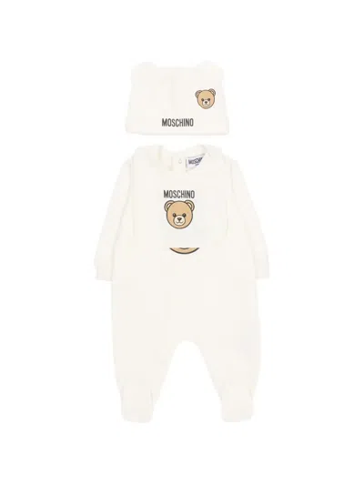 Moschino Kids Logo Printed Long-sleeved Babygrow Set In Neutral