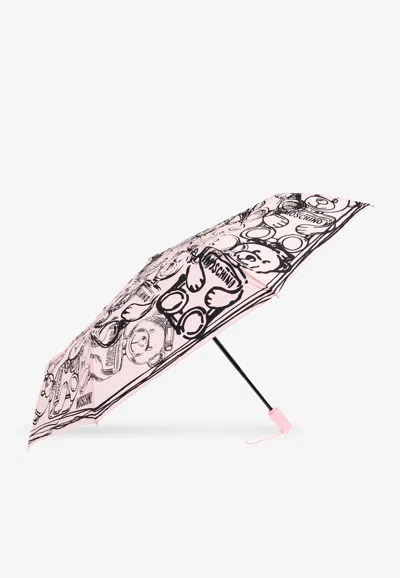 Moschino Bear Illustration Folding Umbrella In Pink
