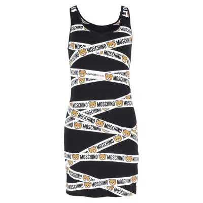 Moschino Bear Logo Tape Fitted Mini Dress In Black Cotton