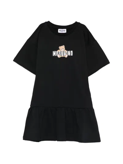 Moschino Kids' Bear-motif Ruffled-detail Dress In Black