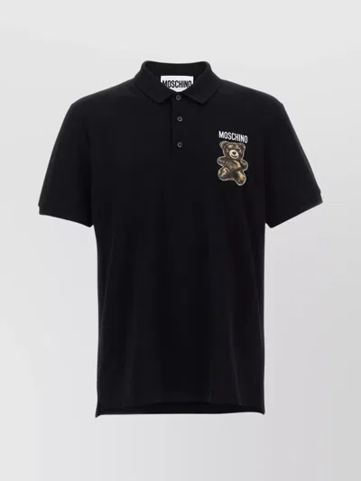 Moschino Bear Patch Polo Shirt With Short Sleeves In Black