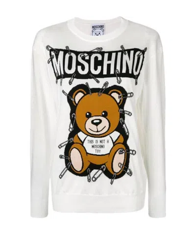 Moschino Bear Pin Wool Knitted Pullover In White