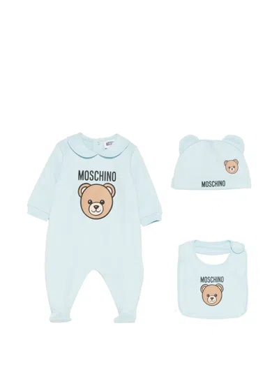 Moschino Bear-print Collared Babygrow Set (set Of Three) In Blue
