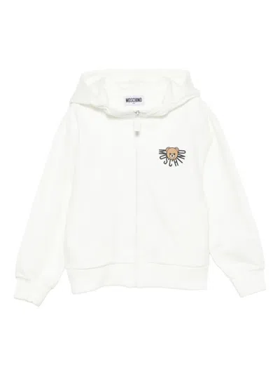 Moschino Kids' Bear-print Zip-up Hoodie In White