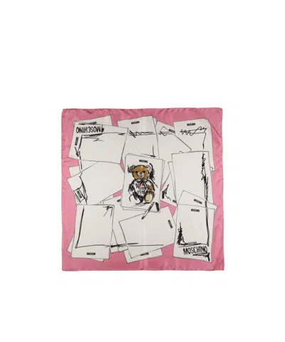 Moschino Bear Printed Silk Scarf In White