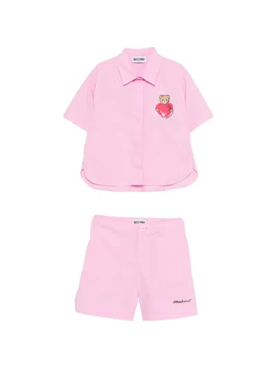 Moschino Kids' Bear-print Embellished Shirt And Shorts Set In Pink