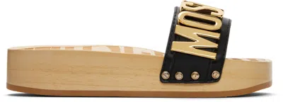 Moschino Beige & Black Calfskin Wood Sandals In Neutral