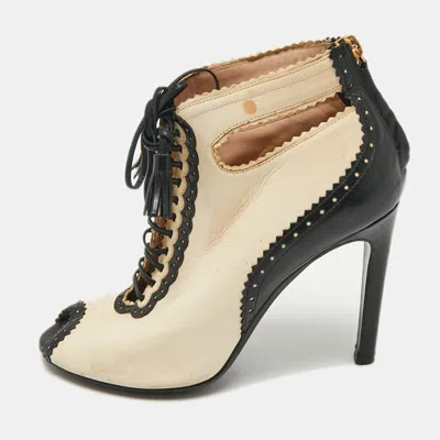 Moschino Beige/black Leather Cutot Peep Toe Ankle Boots In Multi