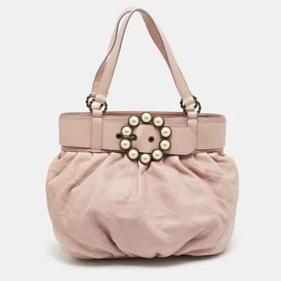 Pre-owned Moschino Belt Pearl Embellished Lilac Quilted Leather Tote In Purple