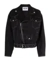 Moschino Belted Denim Biker Jacket In Black