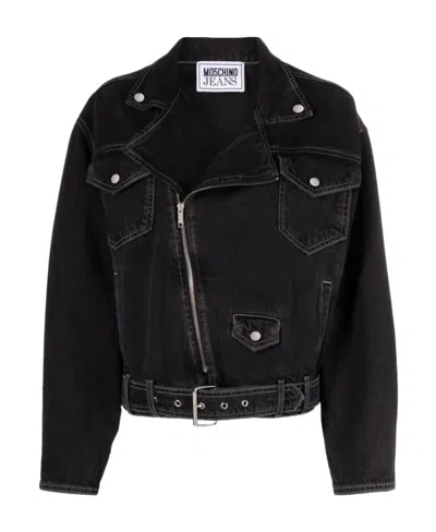 Moschino Belted Denim Biker Jacket In Black