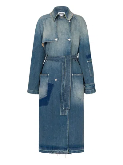 Moschino Belted Denim-patchwork Trench Coat In Blue