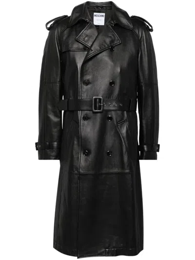 Moschino Belted Leather Trench Coat In Black