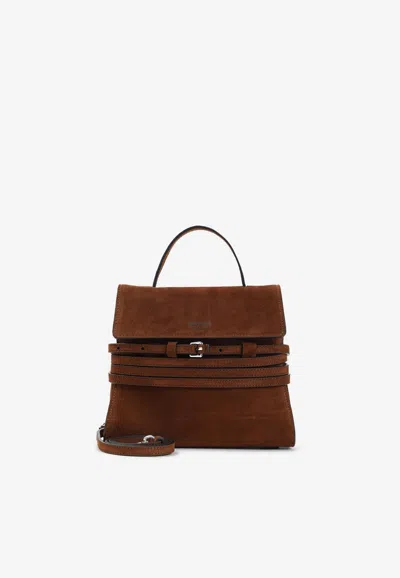 Moschino Belted Suede Leather Top Handle Bag In Brown