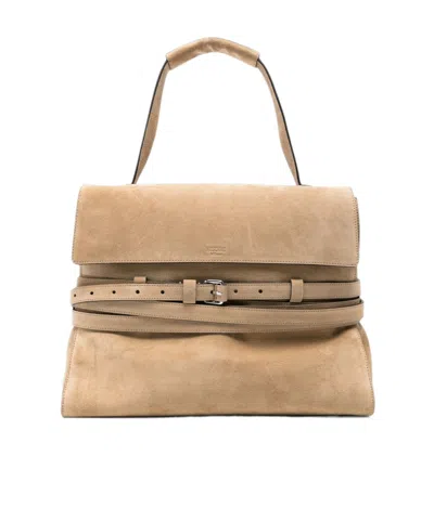 Moschino Belted Top Handle Handbag In Brown